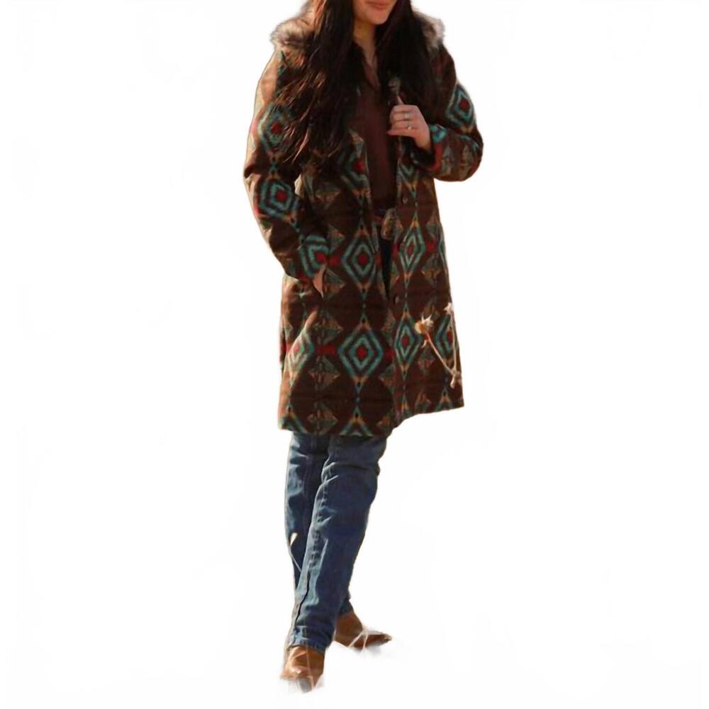 NEW MONTANACO long aztec jacket with removable fur collar in desert